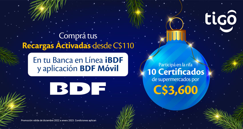 Haz Recargas Activadas de Tigo a través de Banca en Línea de BDF y participa en la rifa de certificados de supermercado